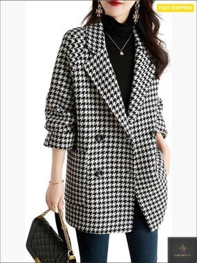 Notched Lapel Pea Coat Double Breasted Blazer Jacket Houndstooth Wool Blend